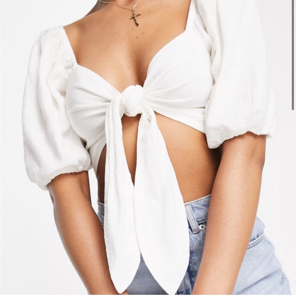 Abercrombie Linen Puffy Sleeve Crop Top with Front Tie in White